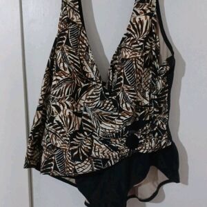 White Stag Black and Brown Leaf Print Swimsuit